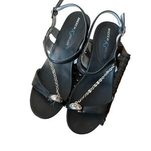 Andrew Geller Womens Black Wedge Sandals Silver Chain Detail Ankle Strap Shoes